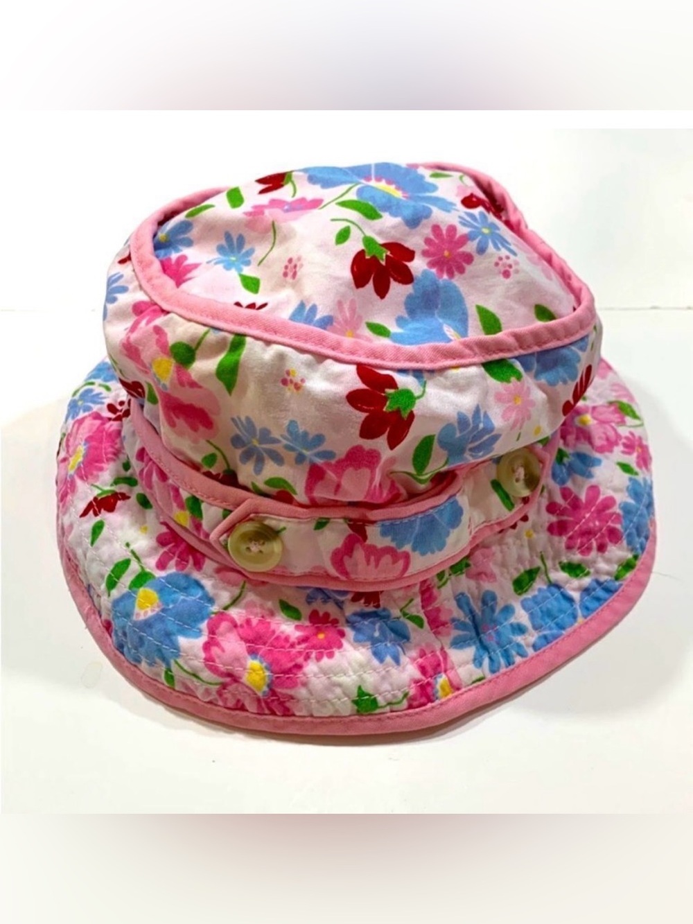 Gap | Baby Infant Girls Floral Pink White Blue Lined Bucket Hat 18-24M